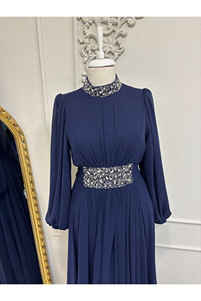 KADİR KORKMAZ GİYİM Lacivert Şifon Tesettür Abiye Elbise