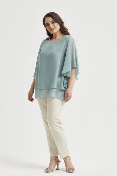 Moda Alba Mint Bat Sleeve Large Size Chiffon Blouse with Sleeve Necklace