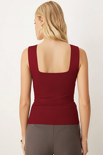 armonika Women's Burgundy Thick Strap Ribbed Knit Blouse Arm-23Y069001