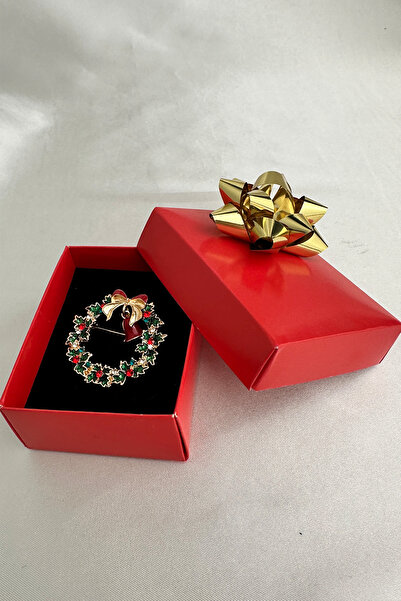 Modex Yılbaşı Özel Fiyonk Detay Renkli Taşlı Çelenk Broş (4cm)