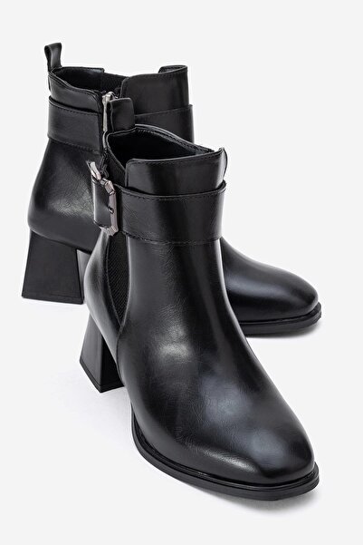 CCWAY AYAKKABI Sade Streçli Topuklu Bot SİYAH CİLT