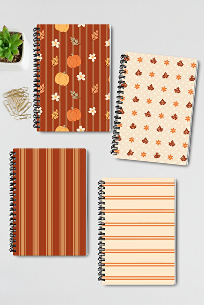 qoeuyl boutique Autumn Themed Cozy Design Wire Spiral A5 Unlined 4-Piece Souvenir, Memory, School Notebook Set