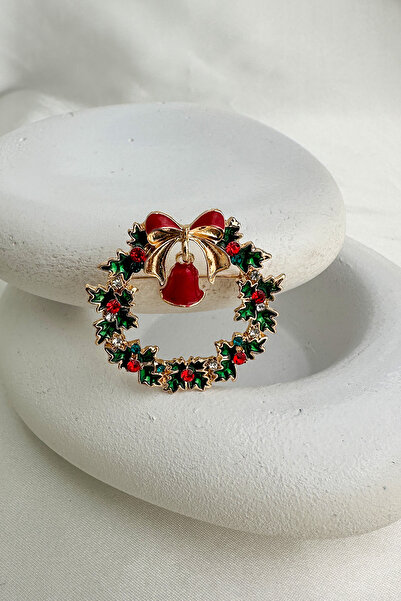 Modex Yılbaşı Özel Fiyonk Detay Renkli Taşlı Çelenk Broş (4cm)