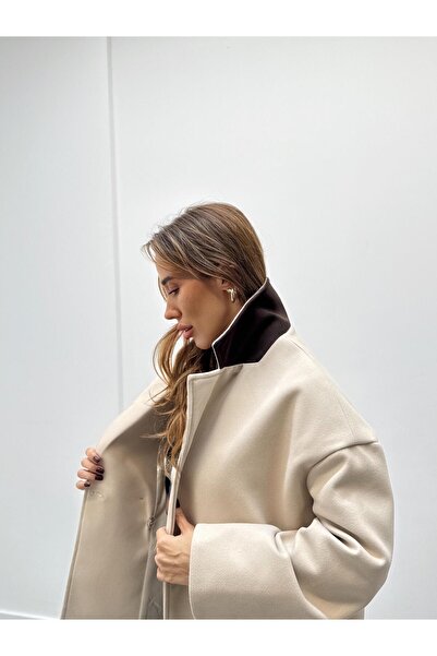 Maldia Shop Women's Tone Cream Buttoned Premium Cashmere Coat