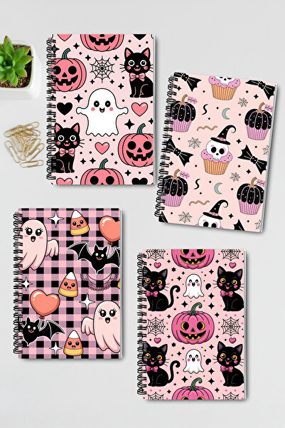 qoeuyl boutique Set de caiete de școală, cu design tematic de Halloween, cu spirală de sârmă, A5, fără linii, 4 bucăți