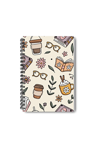 qoeuyl boutique Autumn Book Coffee and Flower Themed Design Wirebound A5 Grid 4-Piece Souvenir, School Notebook Set