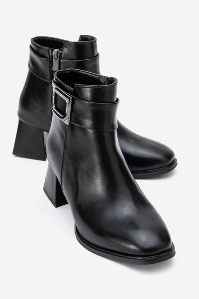 CCWAY AYAKKABI Simple Skuare Buckle Blunt Toe Heeled Boots BLACK SKIN