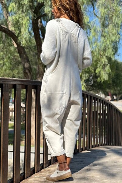 Güneşkızı Stone-Colored Buttoned Collar Strap Pocket Washable Cotton Loose Jumpsuit 120 50