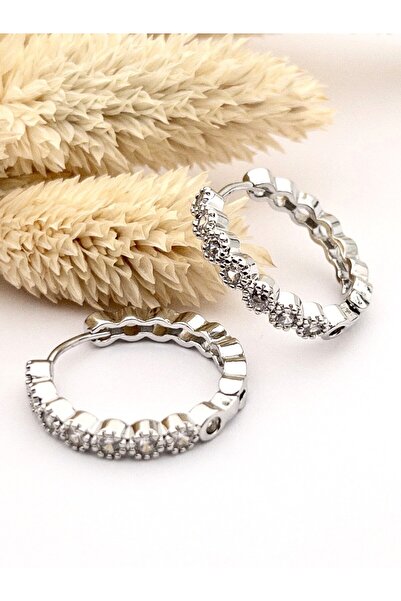 Siya Silver Özel Seri Kararmaz Çelik Zirkon Taşlı Pırlanta Halka Küpe - 2,5 cm