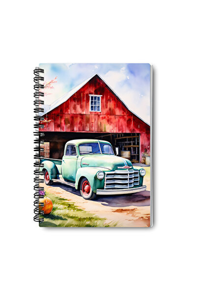 qoeuyl boutique Vintage Car Farm Design Wire Spiral A5 Checkered 4-Piece Souvenir, Memory, School Notebook Set