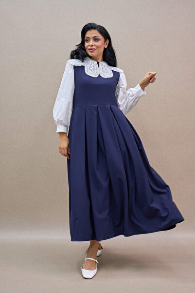 KÜÇÜĞÜM BUTİK Navy Blue Pleated Polyviscose Jile Dress