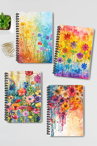 qoeuyl boutique Vibrant Color Flowers Design Wire Spiral A5 Unlined 4-Piece Souvenir, Memory, School Notebook Set