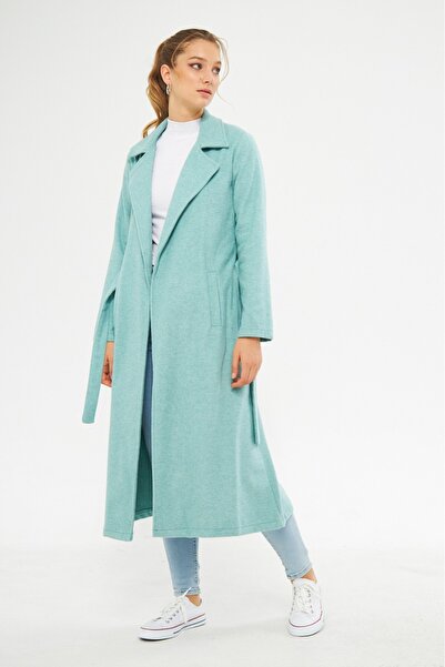 comstar Kadın Astarsız Kuşak Basic Bol Mint Uzun Kaşe Kaban