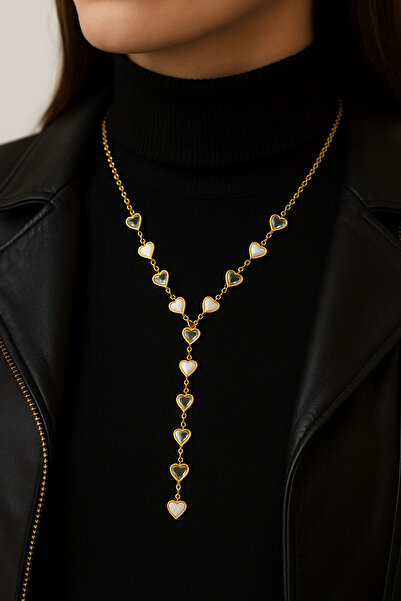 BESMYAR JEWELS Altın Renkli Kalpli Kolye-İncili Y Kolye-Zarif Kalp Figürlü Uzun Kolye -Şık abiye ve Günlük Kolye