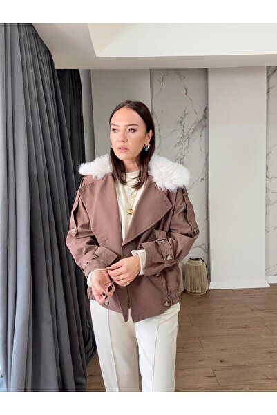 X-Young Coffee brown coat with fur collar