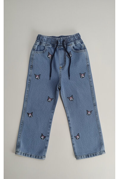 Sercino Kız Çocuk Küçük Kuromi Nakışlı Bel Lastikli Kot Pantolon