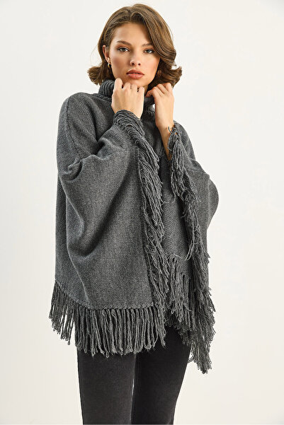 Bianco Lucci Women's High-Necked Tasseled Knitwear Poncho Tp251007 60283722