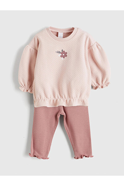 LC Waikiki Pink Printed Baby Girl Sweatshirt and Leggings 2-Pack