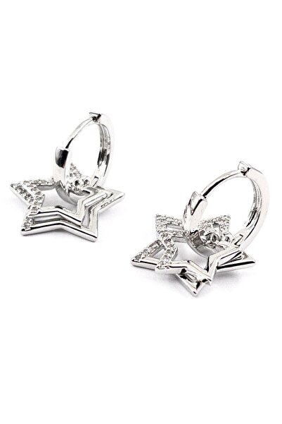 Siya Silver Özel Seri Zirkon Taşlı Yıldız Model Çelik Halka Küpe