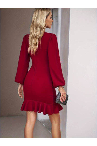 MODA Kadın Bisiklet Yaka Kollar Bilekten Lastikli Önden Volanlı Diz Üstü İthal Krep Elbise