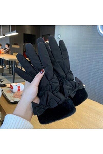 Hüma Butik Takı & Aksesuar Siyah Kürklü Fiyonklu Kadın Eldiven
