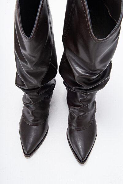 LuviShoes ELARIS Kahverengi Cilt Körüklü Kadın Kalın Topuklu Çizme