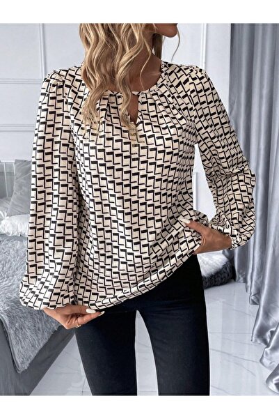 babatr.com Women's Long Sleeve Drop Detail Collar Patterned Single Jersey Blouse