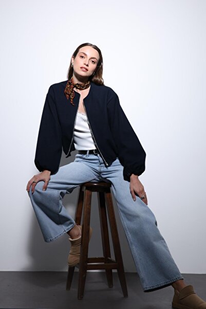 Antioch Navy Blue Elastic Waist Crop Women's Coat