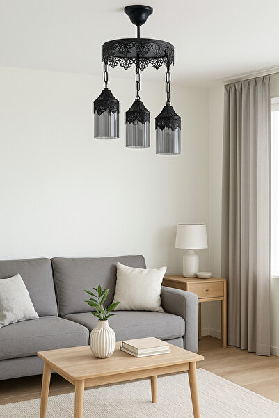 Uçar Otantik Osmanlı Modern Tasarım Yatak Odası Salon Mutfak Otel Cafe Siyah Renk Camlı 3 lü Avize