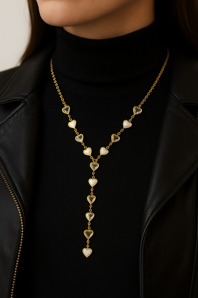 BESMYAR JEWELS Altın Renkli Kalpli Kolye-İncili Y Kolye-Zarif Kalp Figürlü Uzun Kolye -Şık abiye ve Günlük Kolye