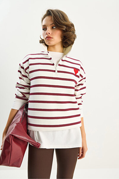 Bianco Lucci Kadın Kalp Nakışlı Dik Yaka Yarım Fermuarlı Çizgili Sweatshirt 6089 60283714