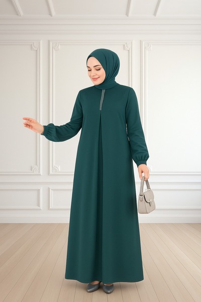 Ayşe Melek balon kollu pileli taşlı tesettür elbise 2824