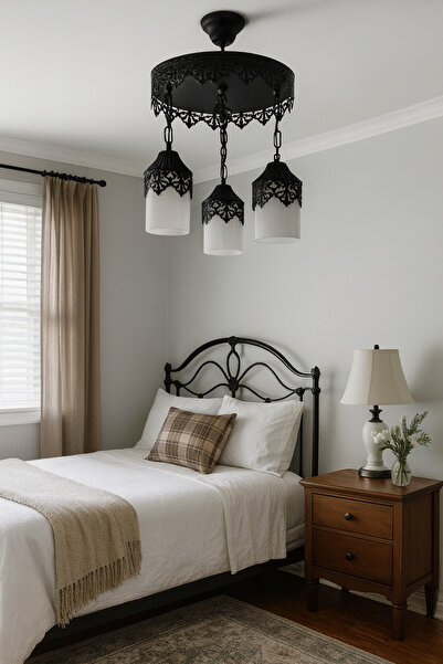 Uçar Otantik Osmanlı Modern Tasarım Yatak Odası Salon Mutfak Otel Cafe Siyah Renk Camlı 3 lü Avize