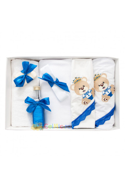 OEM Trusou botez cu 7 piese, cu broderie - Ursuletul Print - Albastru electric - TPB-254