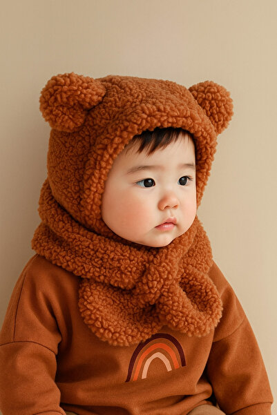 ESES BEBE Avis Coffee Children's Hooded Plush Beanie Scarf Welsoft Neck Collar Windproof Hat with Ears