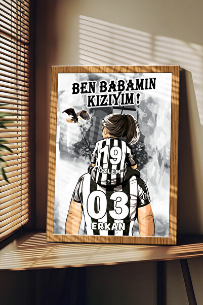 Sophanos Ahşap Çerçeve Görünümlü Siyah Beyaz Taraftar Baba-Kız Kişiye Özel At...