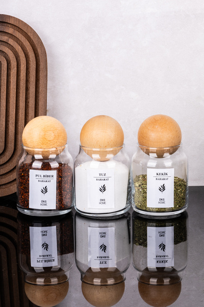 dnshome 3 Adet 300 ml Ahşap Top Kapaklı Cam Kavanoz Seti Etiketli Tuzluk Bibe...
