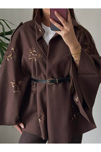 Lavanta Tekstil Sequin Embroidered Belted Cashmere Fabric Poncho