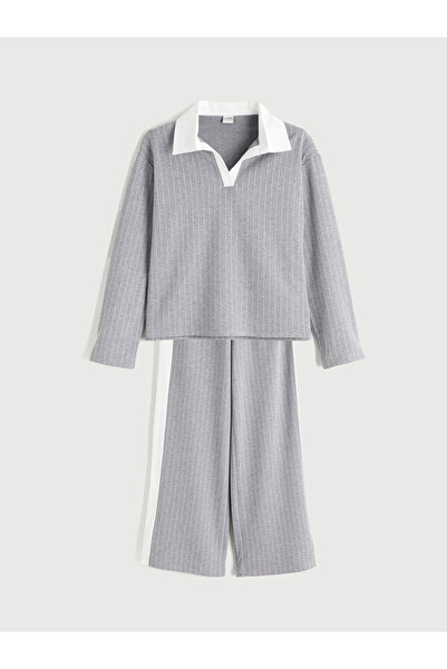 LC Waikiki Lcw Kids Gray Polo Neck Striped Girls' Sweatshirt and Leggings