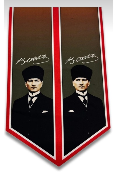Mavi Masal Atatürk Fotoğraflı İmzalı ve Türk Bayraklı Eşarp / Kravat / Fular
