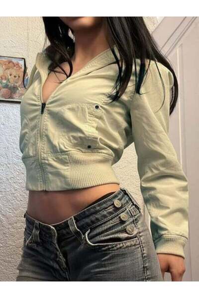 BALİNA Pembe Kapüşonlu Lastik Örgü Detaylı Y2K Crop Hırka