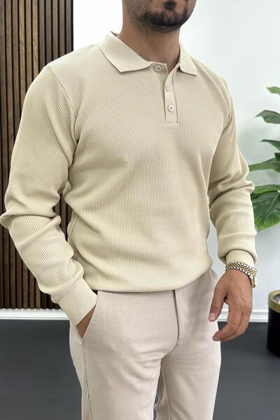 Edwox Мъжки пуловер с поло яка и шарка, кремав Edw426