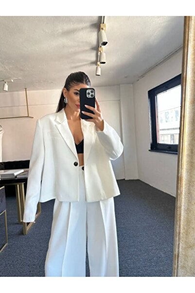 FMN Moda hafif vatkalı premium kalite astarlı oversize standart blazer ceket palazzo pantolon ikili takım