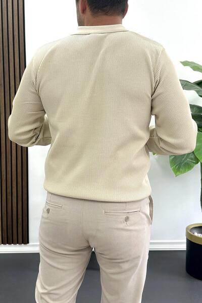 Edwox Мъжки пуловер с поло яка и шарка, кремав Edw426