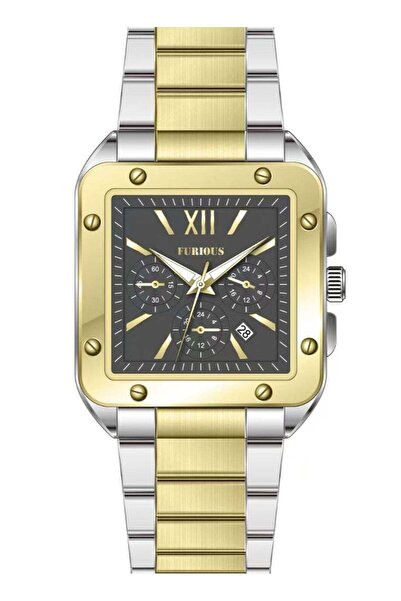 Furious Quartz Chronograph Men's Watch - Black Square Dial, Two-Tone Bracelet