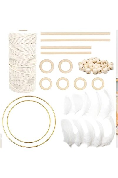LLGLEU Macrame Craft Set with Rings and Beads, approx. 80 pieces, cotton/wood/feathers, beige/natura