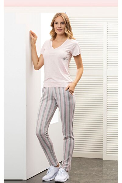 Stylish Elegant pink bathrobe with striped pants