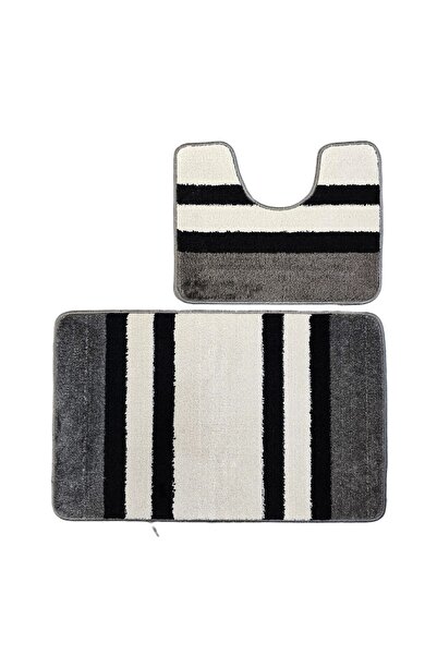 Kotonia Home Set of 2 bath mats anti-slip membrane, 100% synthetic fibers, black,50×40 cm,50×80 cm, Sandy Criptik