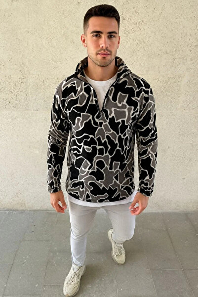 MODA Men's Half Zipper Patterned Fleece Sweat Collar, Long Sleeve, Oversized Comfortable Fit - Black