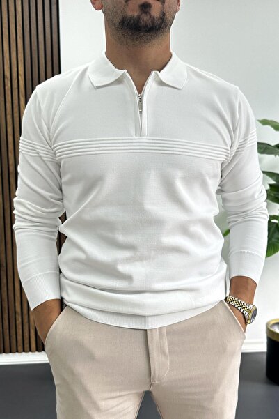 Edwox Men's Slim Fit Stripes Detailed Polo Neck Sweater White Edw427